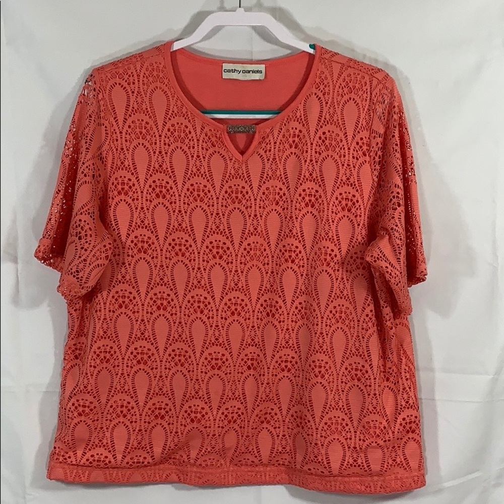Cathy Daniels pink top crochet lace blouse sz Lb